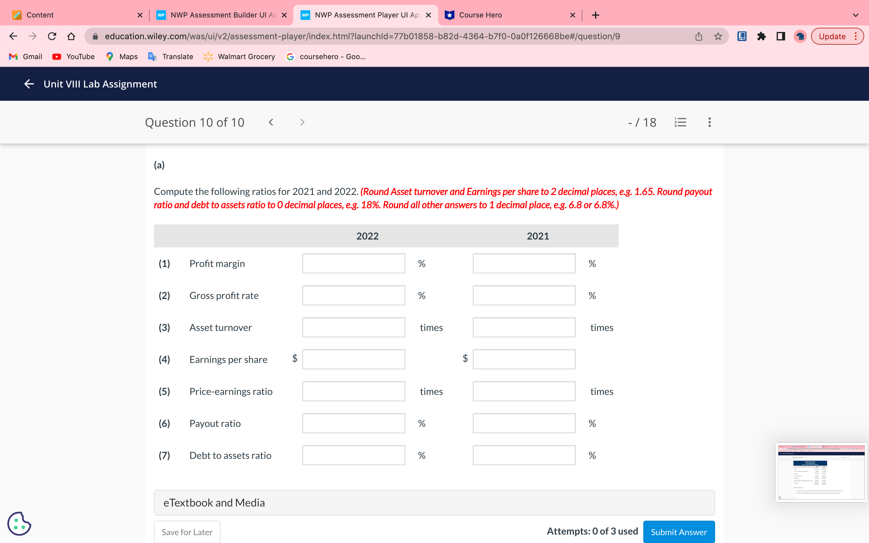 education.wiley.com/was/ui/v2/assessment-player/index.html?launchld=77601858-b82d-4364-b7f0-0aOf126668be#/question/9 2 Update : M Gmail YouTube Maps Translate Walmart Grocery G
