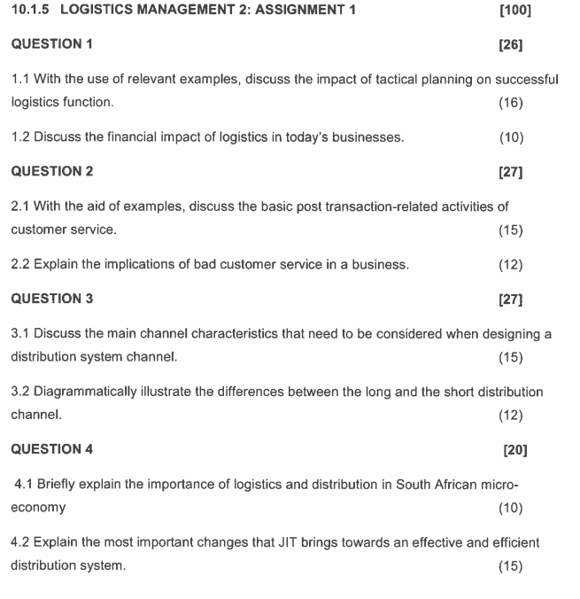  10.1.5 LOGISTICS MANAGEMENT 2: ASSIGNMENT 1 [100] QUESTION 1 [26] 1.1