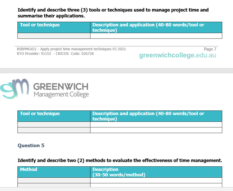 groject's risk. Question 3 Describe the following methods for estimating task duration