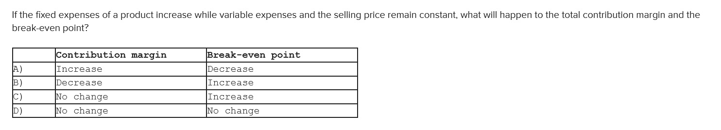 If the fixed expenses of a product increase while variable expenses