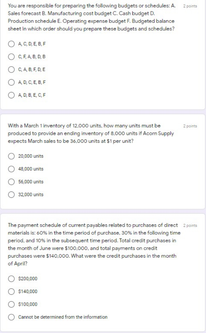 tick the correct option You are responsible for preparing the following budgets