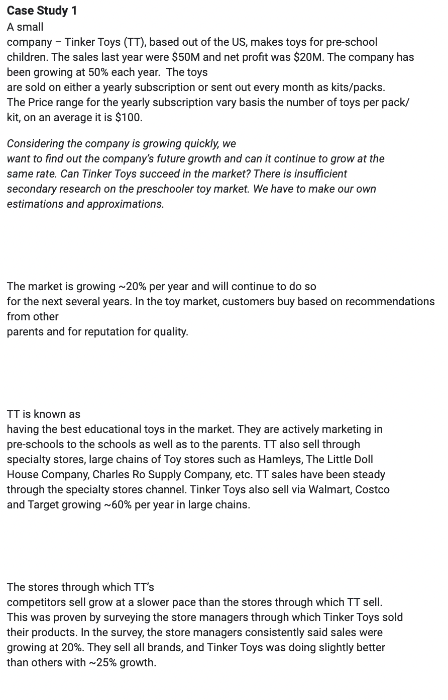  Case Study 1 A small company Tinker Toys (TT), based out