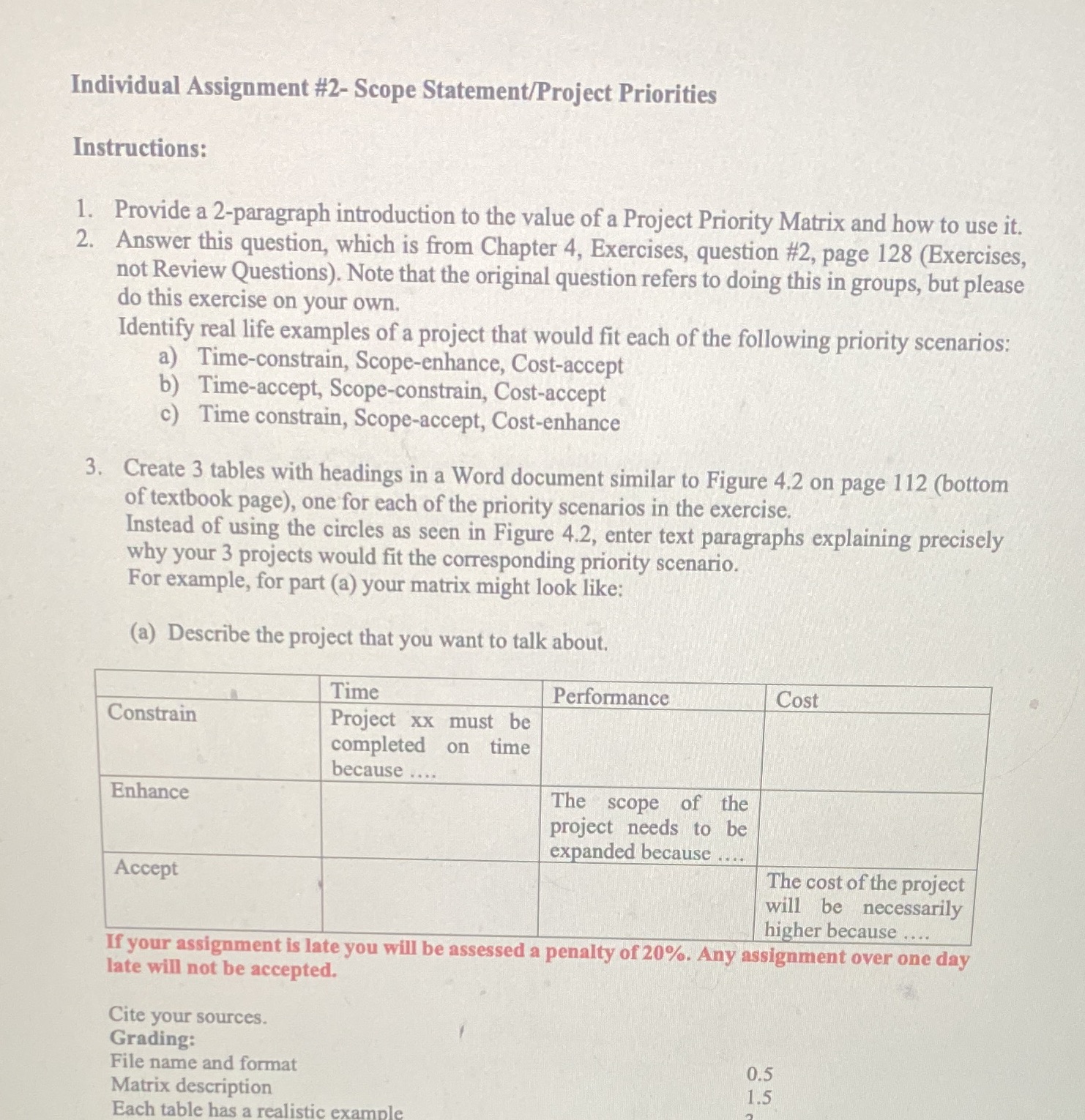 Individual Assignment #2- Scope Statement/Project Priorities Instructions: 1. Provide a 2-paragraph