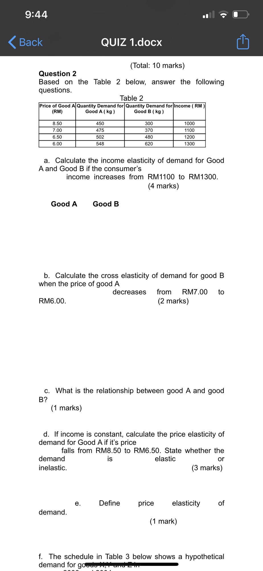 Answer the question blow 9:44 Back QUIZ 1.docx Question 2 (Total: 10