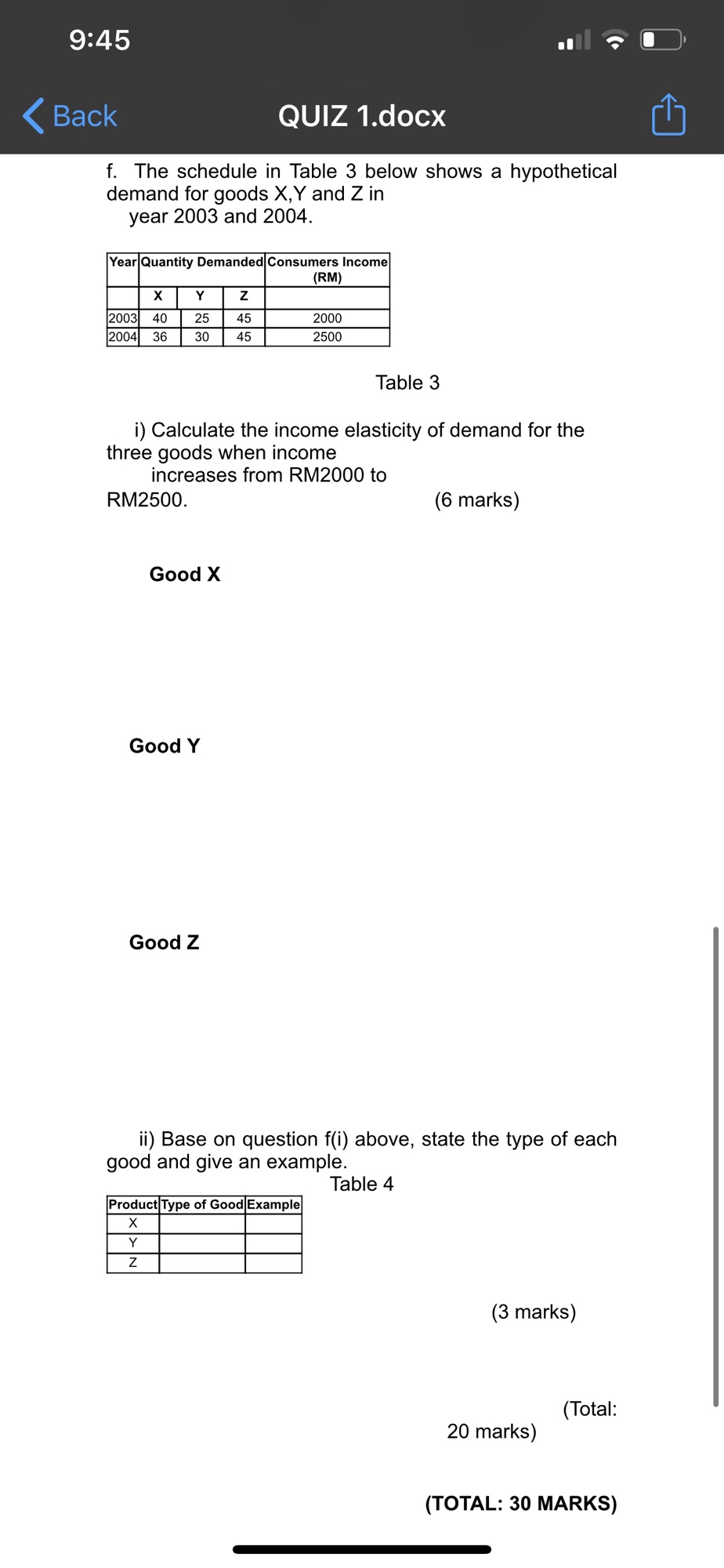 marks) Based on the Table 2 below, answer the following questions. Table