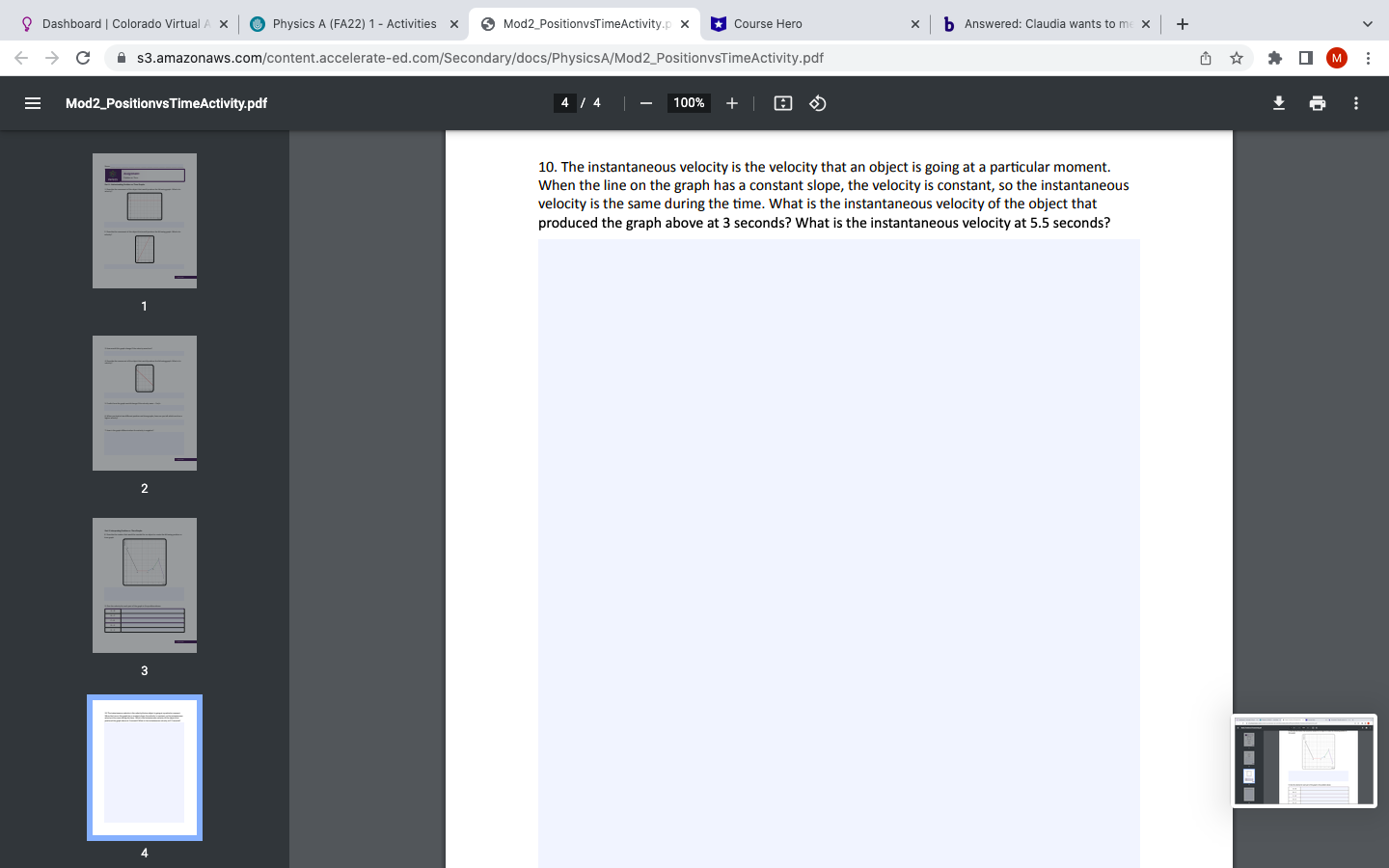 4 100% + Part 1: Understanding Position vs. Time Graphs 1. Describe