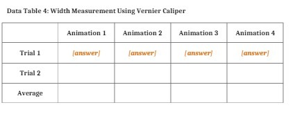  Data Table 4: Width Measurement Using Vernier Caliper Animation 1 Animation