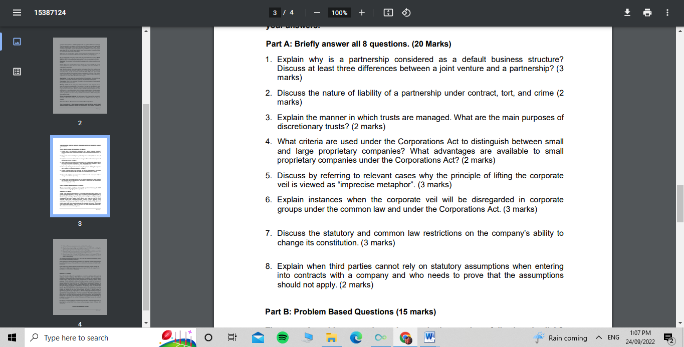 1. Explain why is a partnership considered as a default business structure?