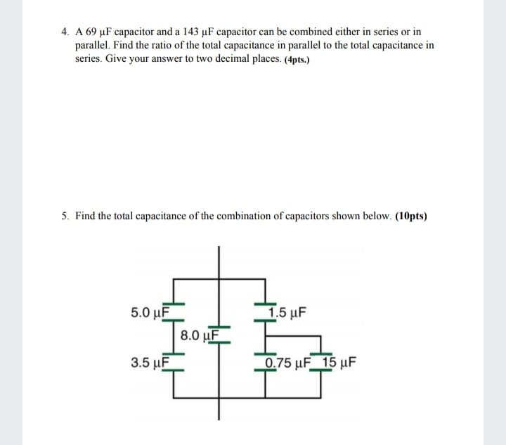 contains capacitors connected in series and in parallel. The total capacitance of