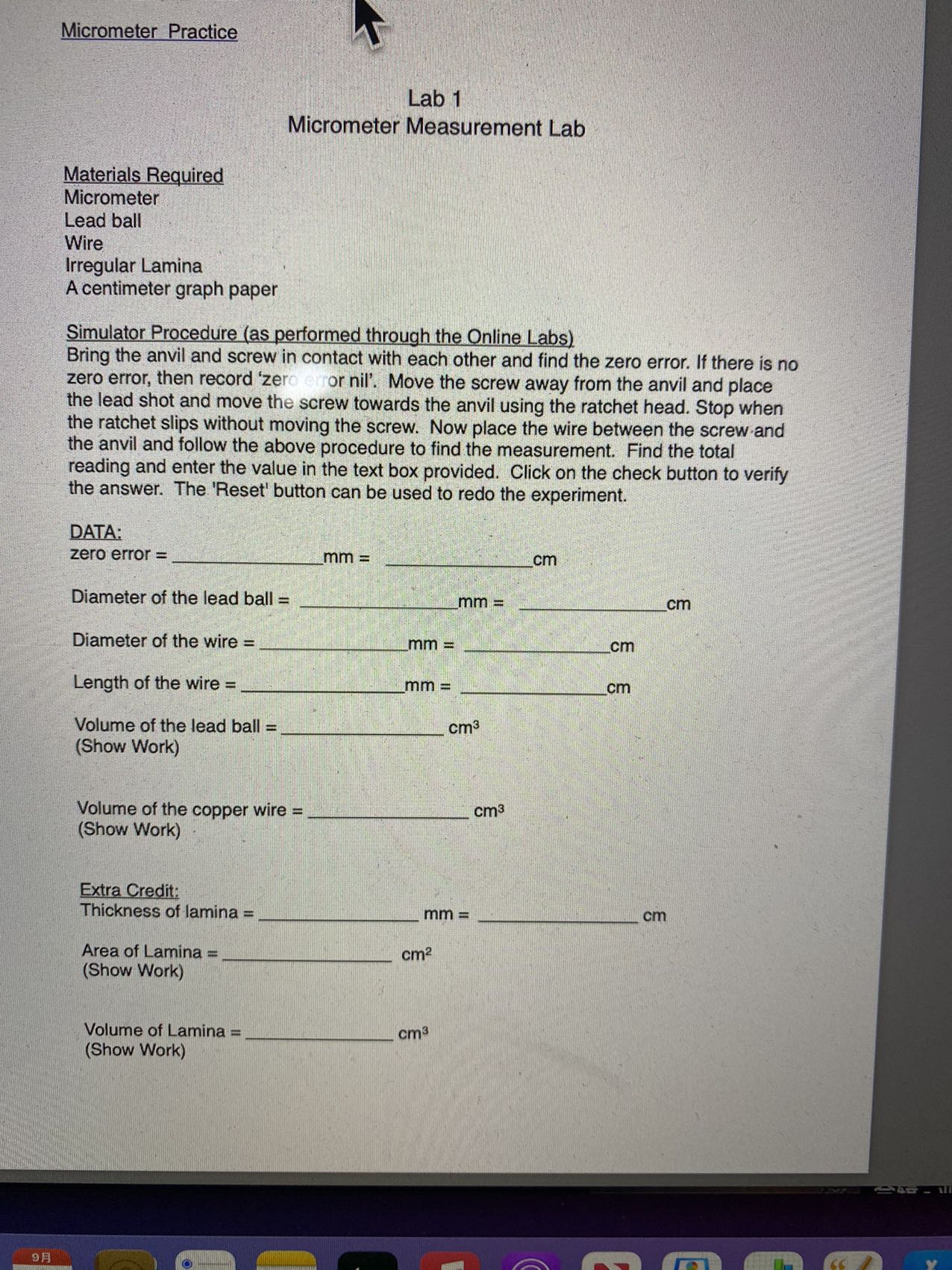 Micrometer Practice Lab 1 Micrometer Measurement Lab Materials Required Micrometer Lead
