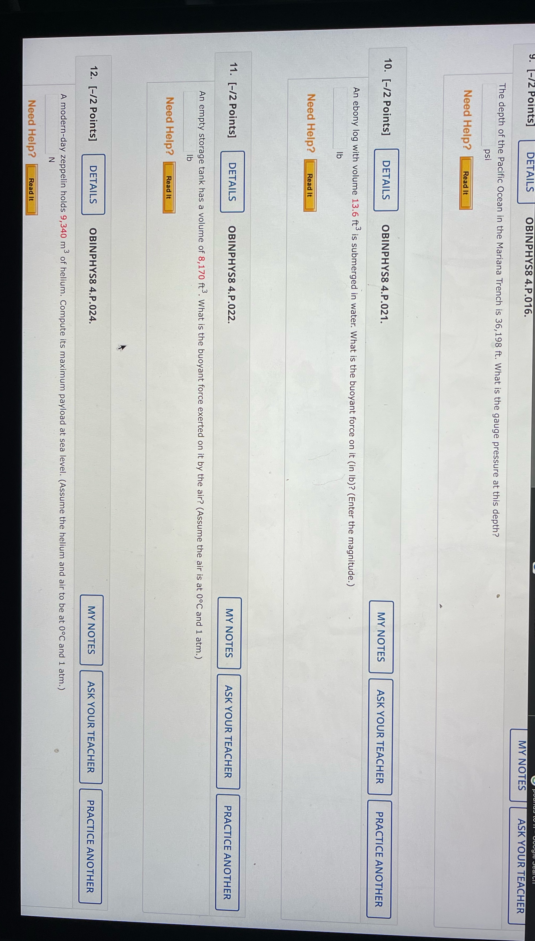 Questions 9 through 12 please! OBINPHYS8 4.P.016. MY NOTES ASK YOUR TEACHER