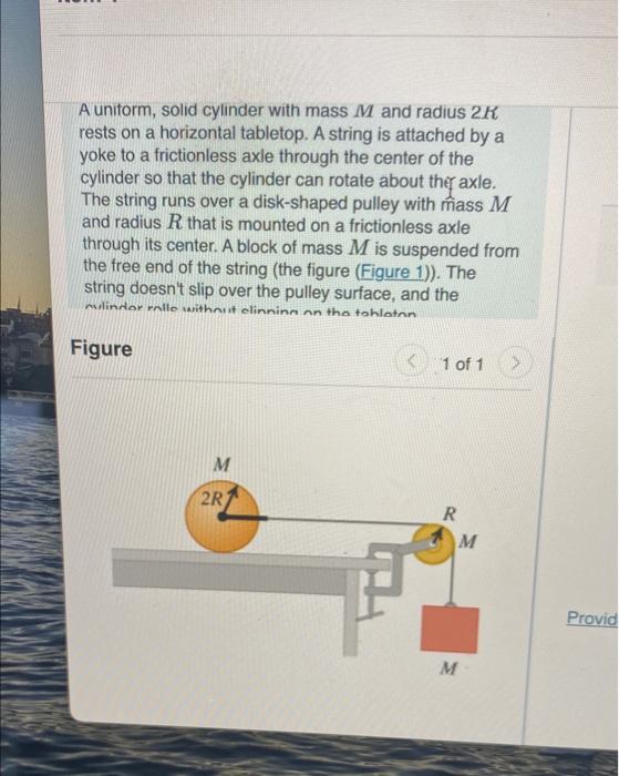 cylinder can rotate about they axle. The string runs over a disk-shaped