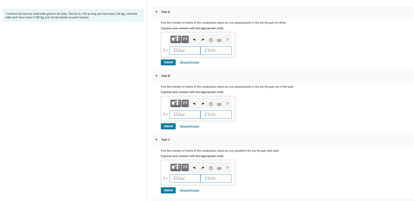 its ends. The bar is 2.00 m long and has mass 5.00