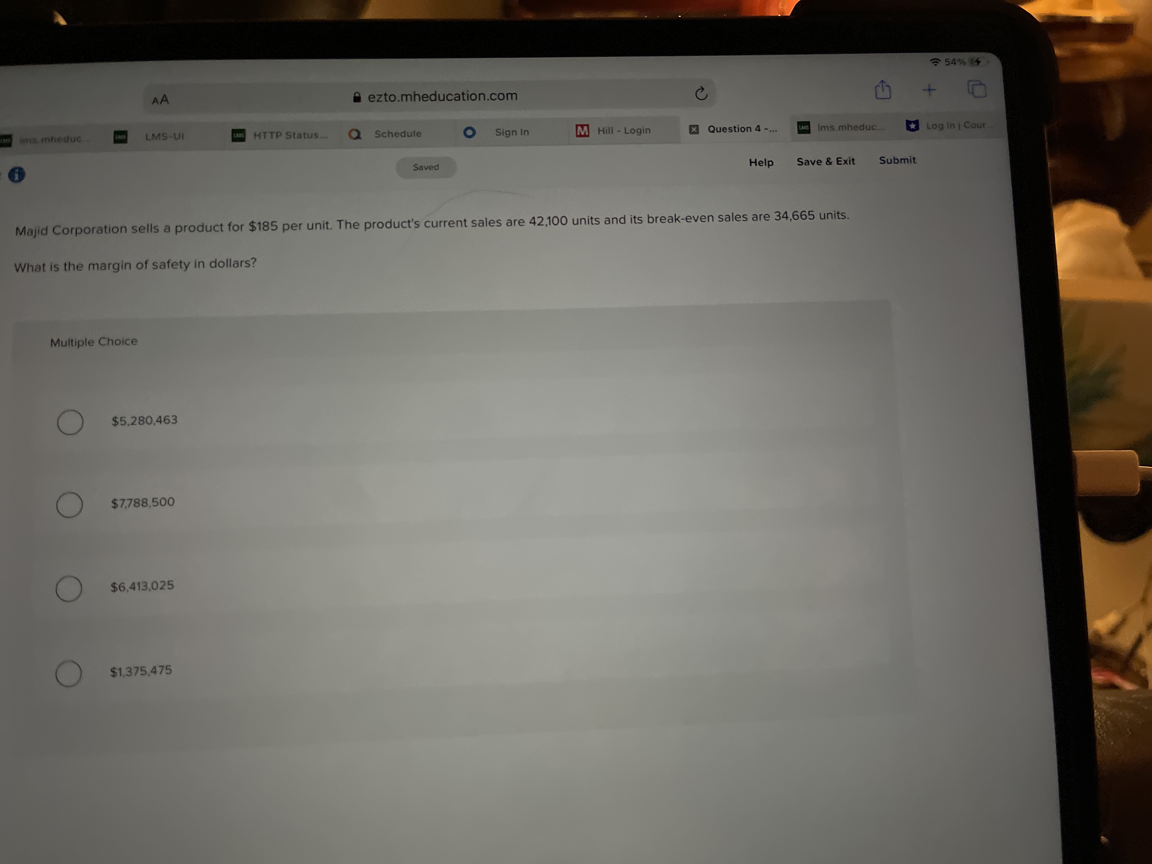  - 54% 14 AA ezto.mheducation.com + los mheduc LMS-UI LOS HTTP