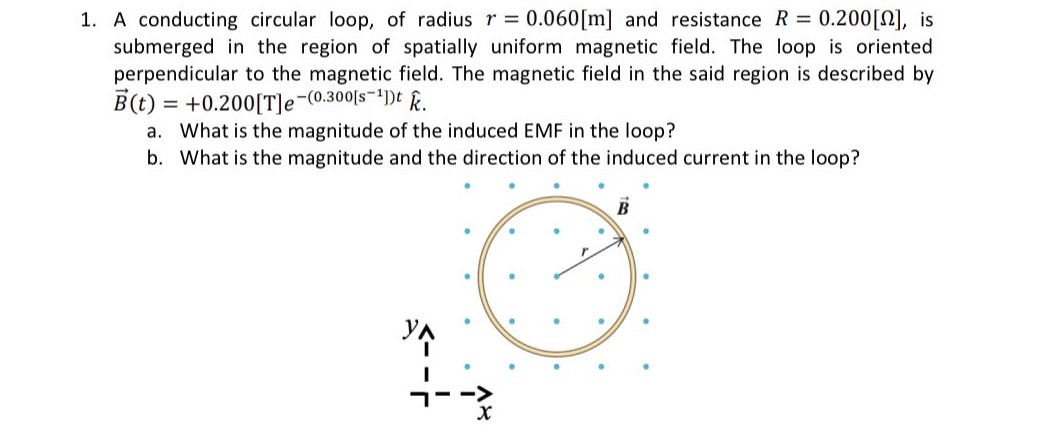 show solution 1. A conducting circular loop, of radius r = 0.060[m]