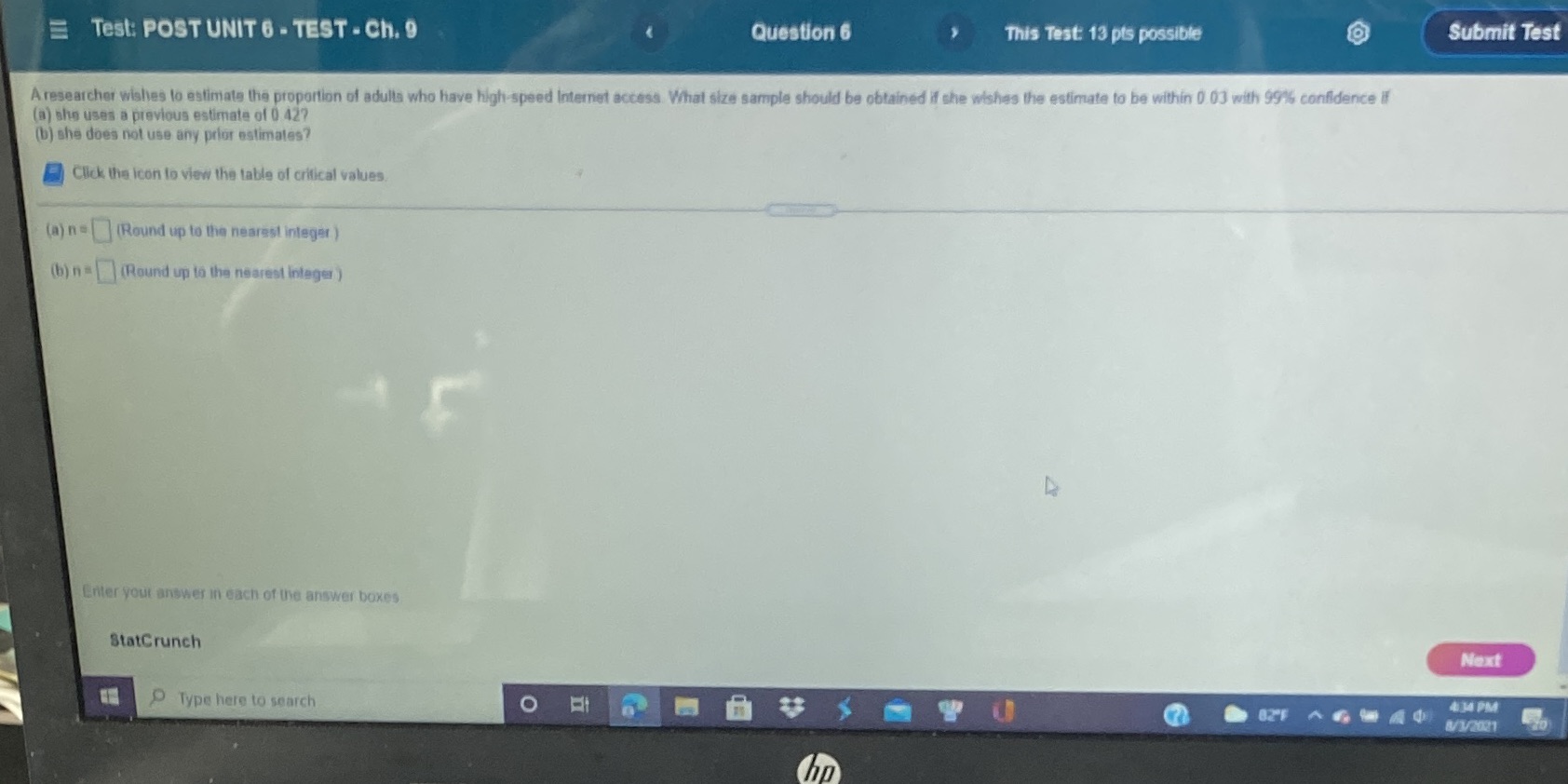  E Test: POST UNIT 6 - TEST - Ch. 9 Question