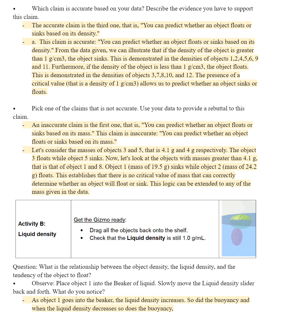 of objects 1 through 12, and record the mass, volume, and density.