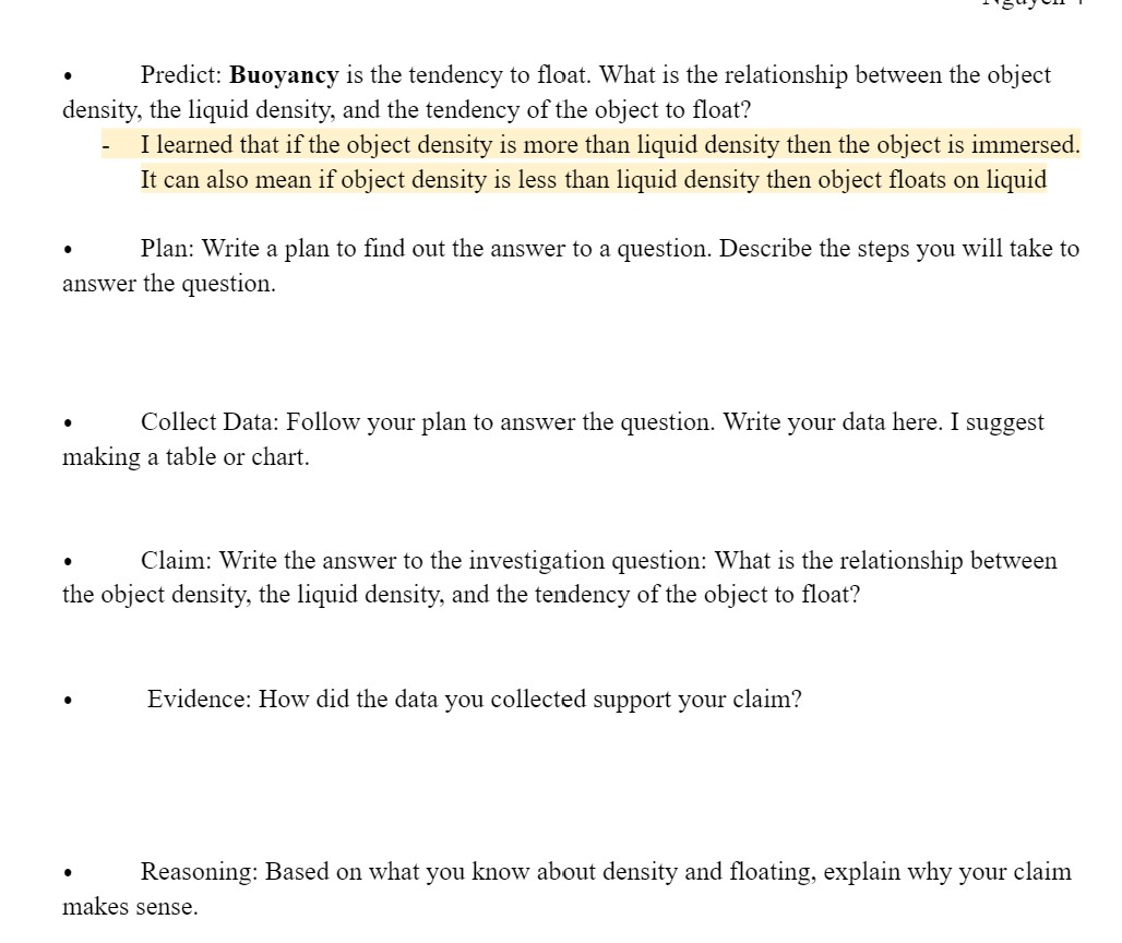 Object Mass (g) Volume (cm3) Float or sink in Density water (density