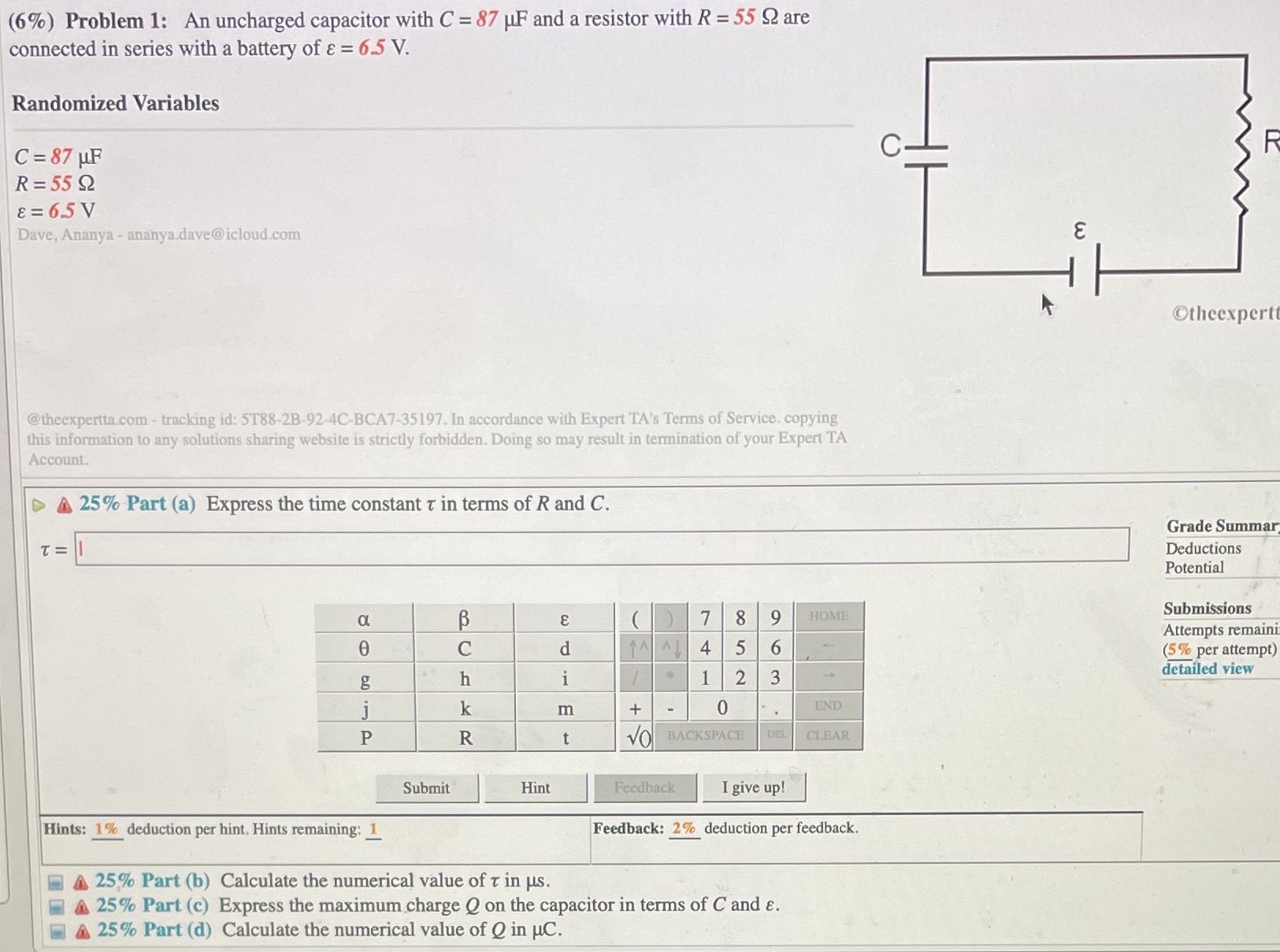 (6%) Problem 1: An uncharged capacitor with C = 87 JF