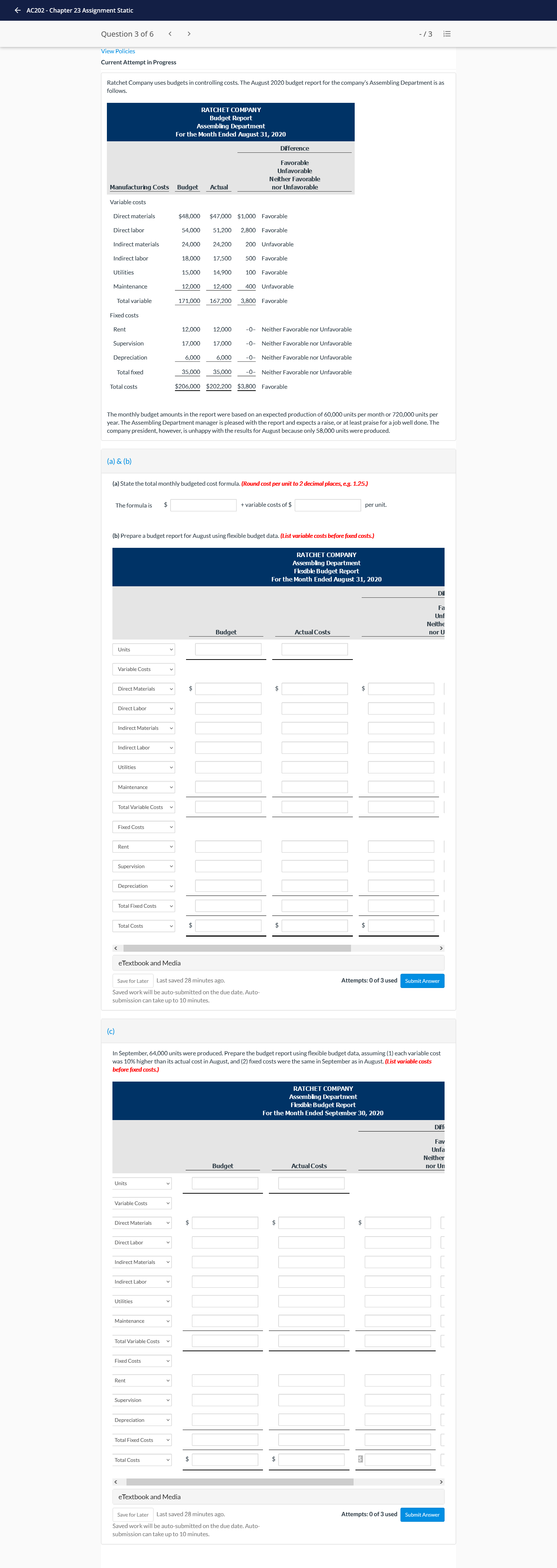 controlling costs. The August 2020 budget report for the company's Assembling Department
