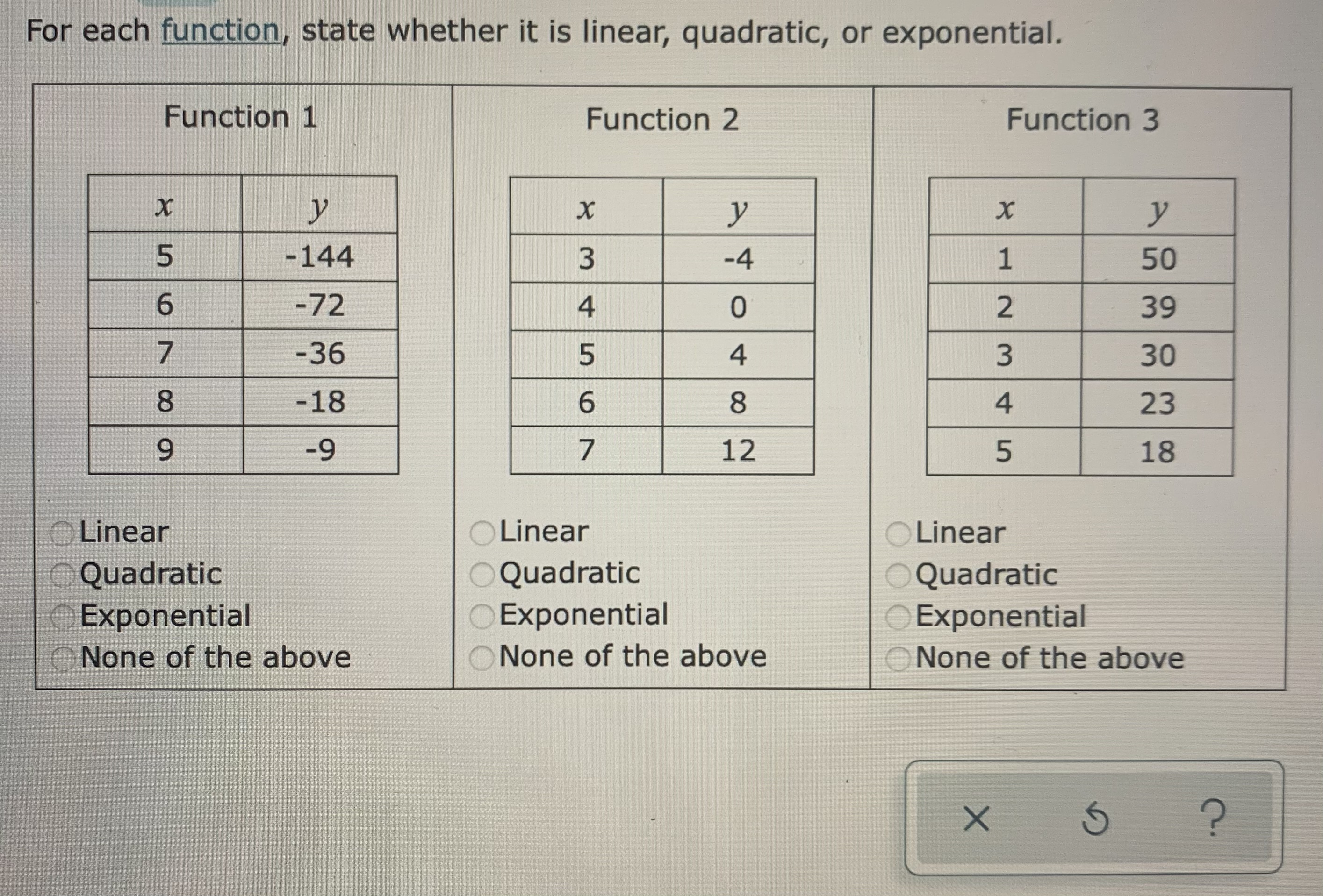 For each function, state whether it is linear, quadratic, or exponential. For