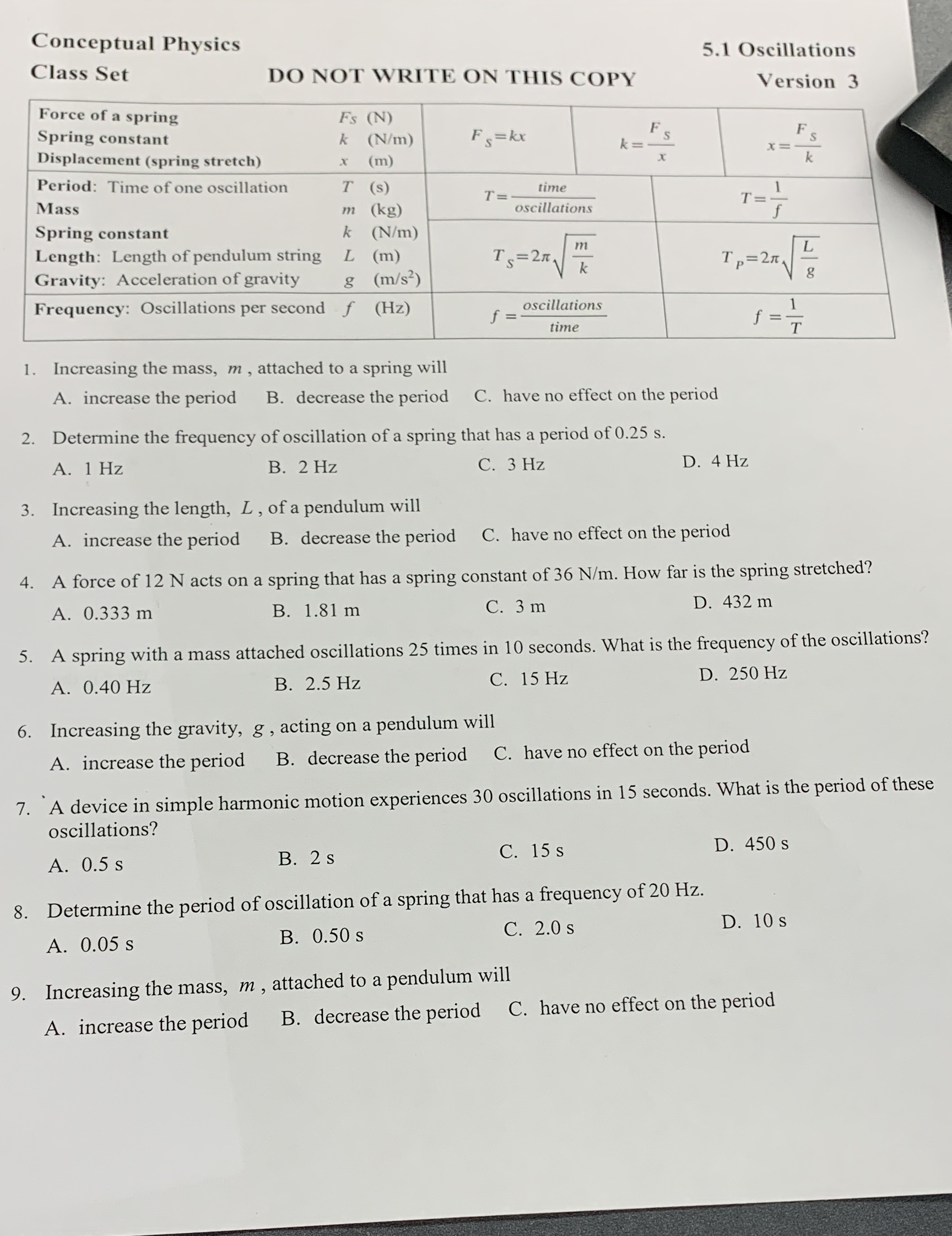 help me with all please Conceptual Physics 5.1 Oscillations Class Set DO
