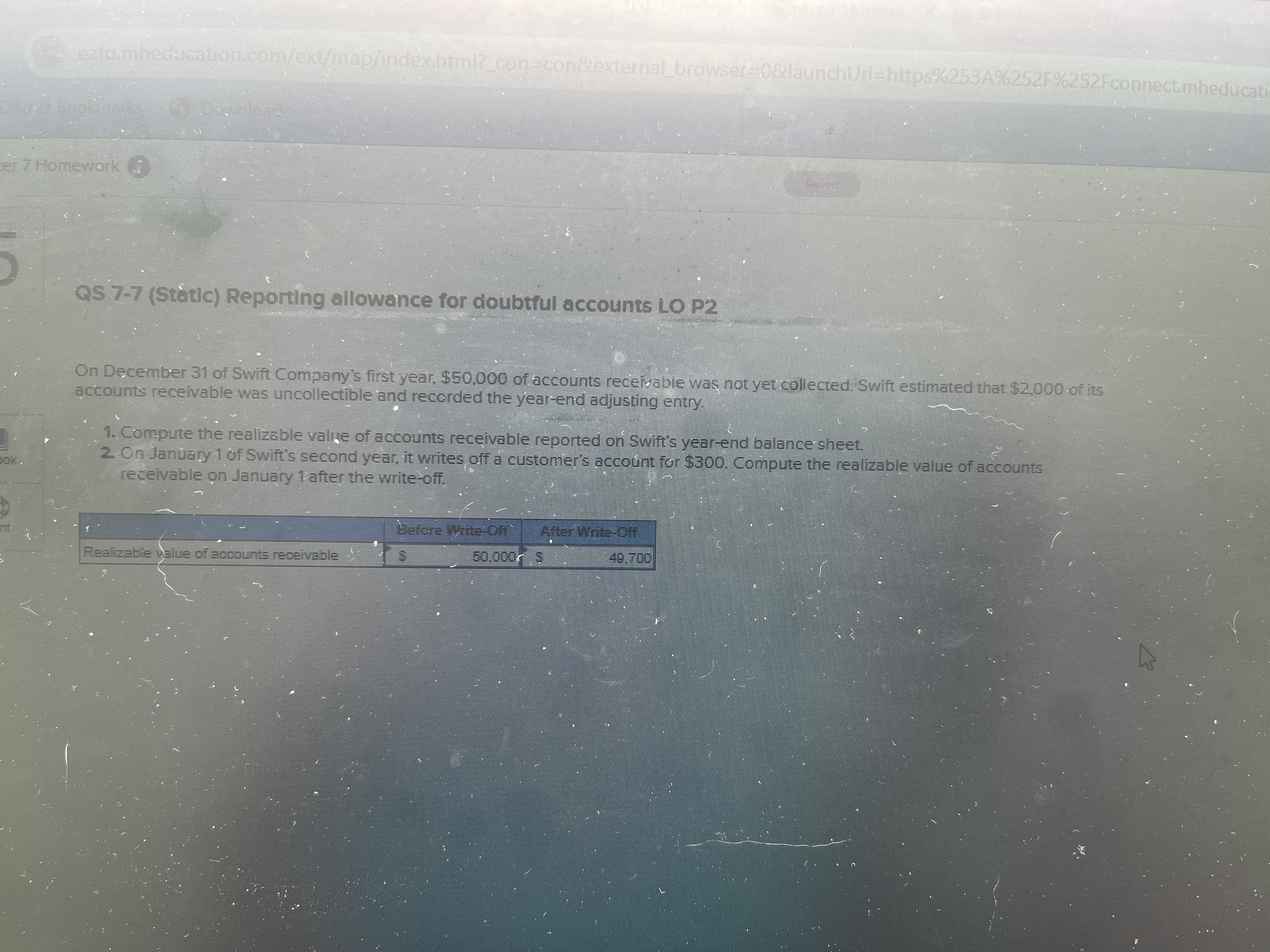 eato.mhecucation.com/ext/map/index.html?_con=con&externalbrowser-0&launchUrl=https%253A%252F%252Fconnect.mheducat er 7 Homework as 7-7 (Static) Reporting allowance for doubtful