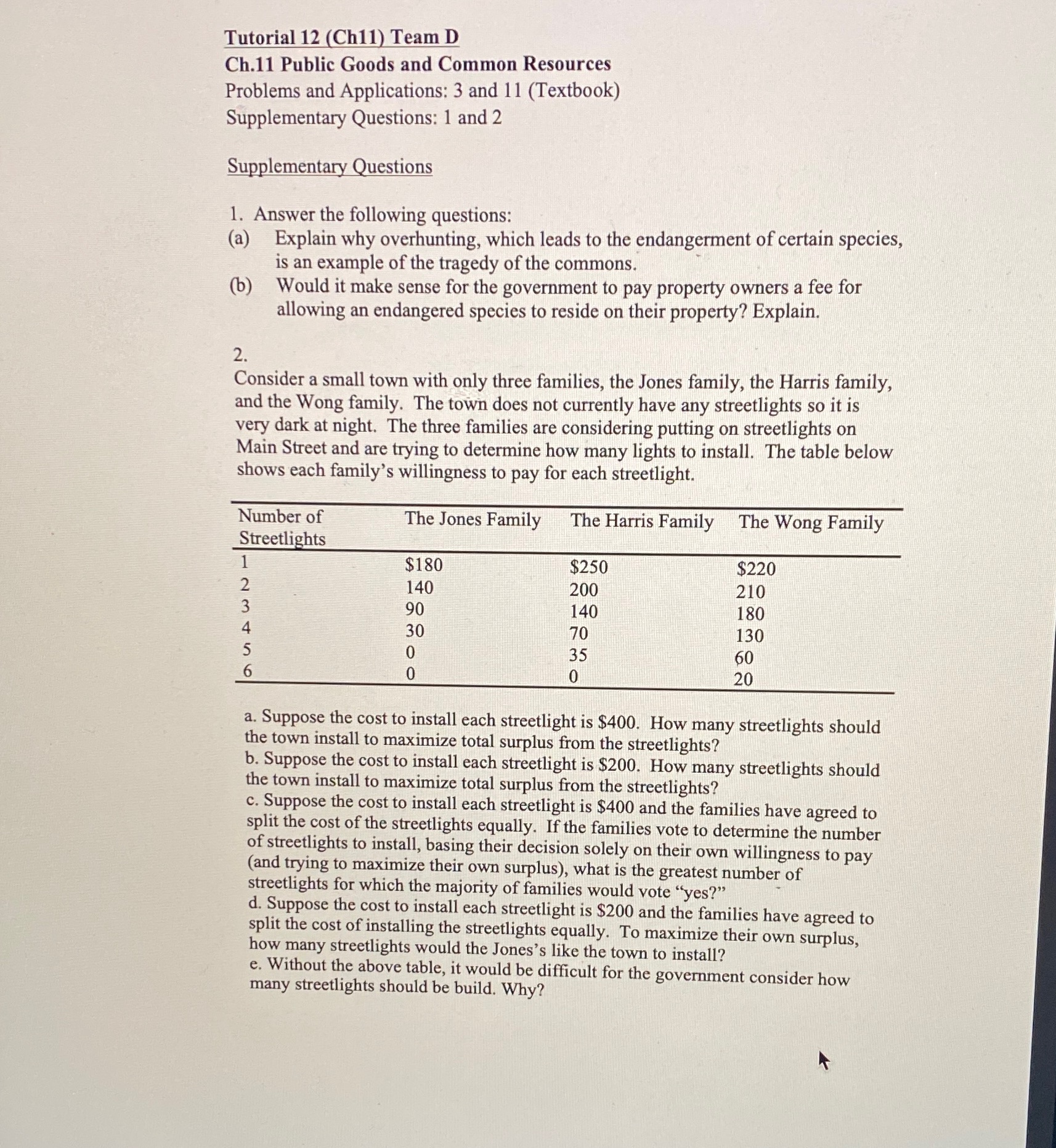  Tutorial 12 (Ch11) Team D Ch.11 Public Goods and Common Resources