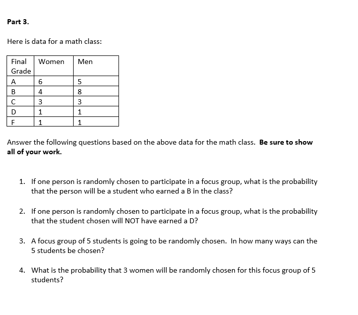 Part 3. Here is data for a math class: Final Women