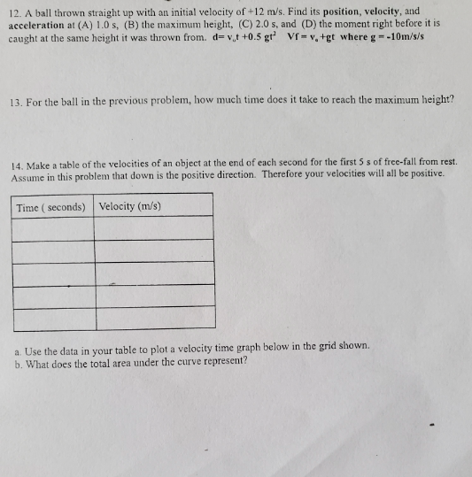 12. A ball thrown straight up with an initial velocity of