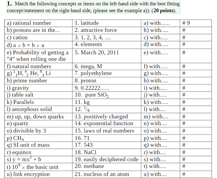 1 . Match the following concepts or items on the lefthand