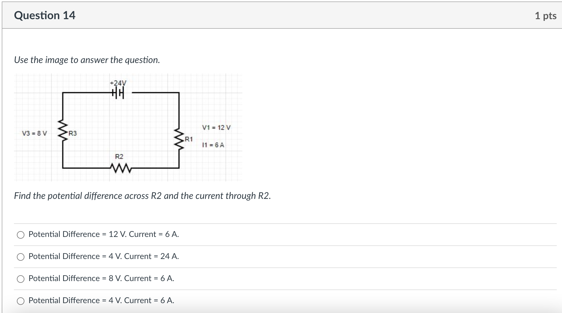 through R2. 0 Potential Difference = 12 V. Current = 6 A.