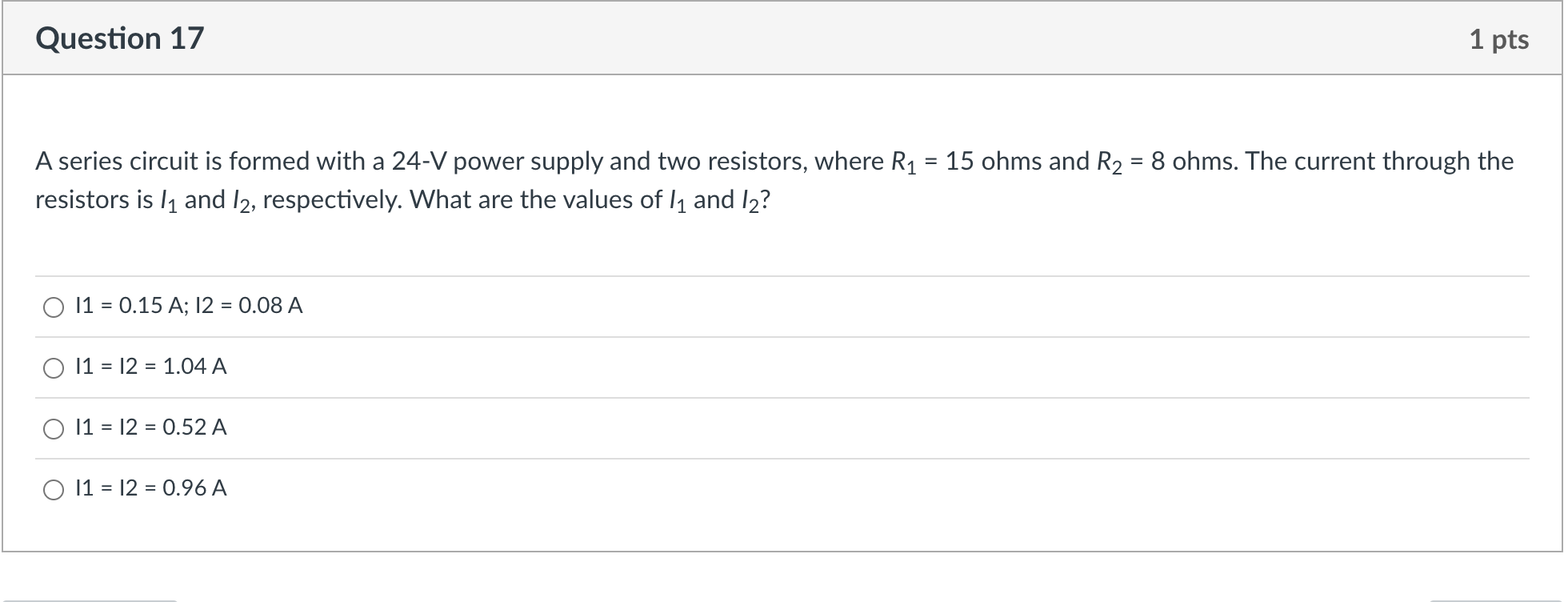 4 V. Current = 6 A. Question 15 1 pts Two wires,