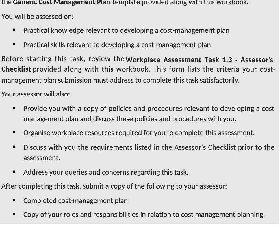  the Generic Cost Management Plan template provided along With this workbook.