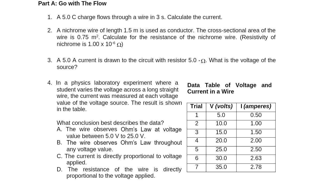  Part A: Go with The Flow 1. A 5.0 C charge