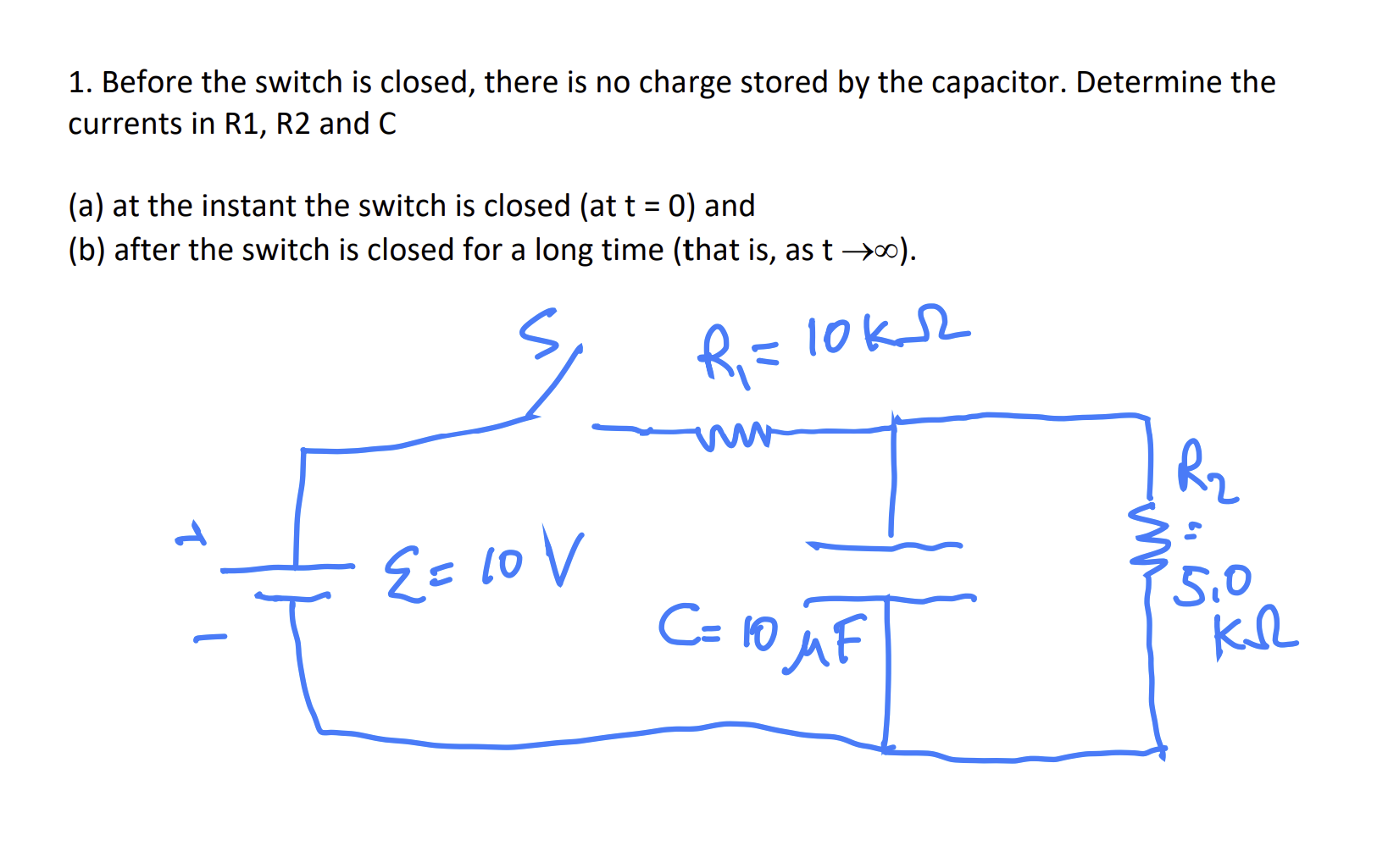 1. Before the switch is closed, there is no charge stored