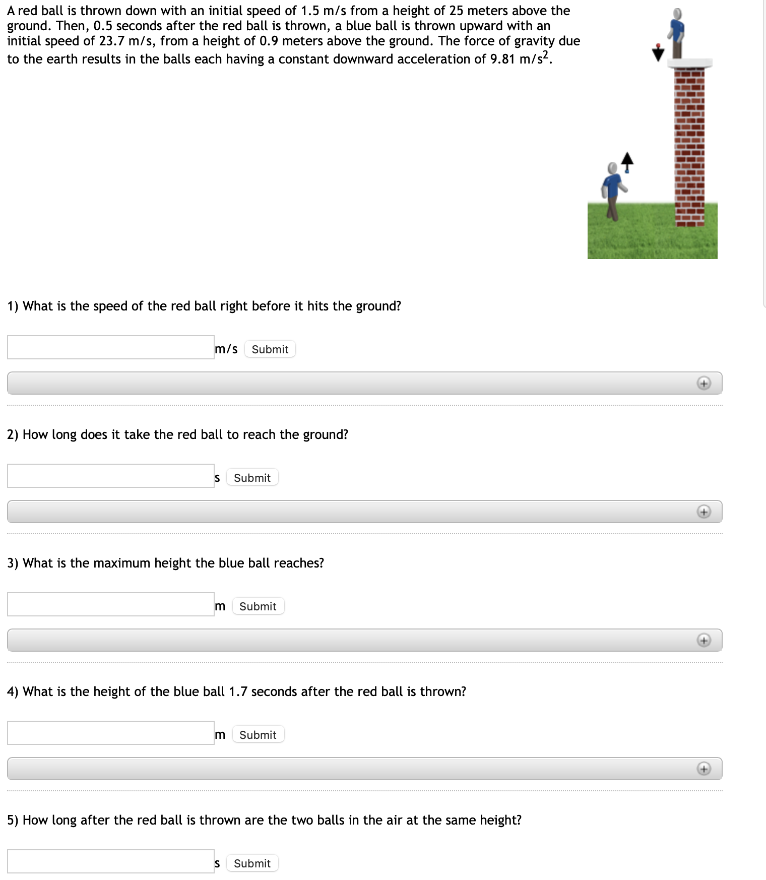 A red ball is thrown down with an initial speed of