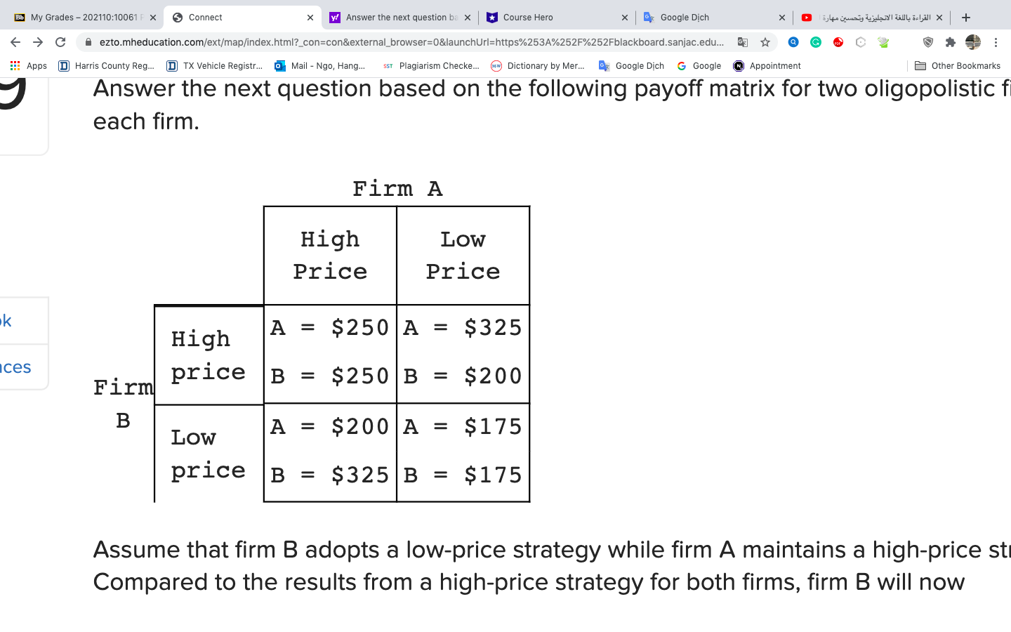 Answer the next question based on the following payoff matrix for two