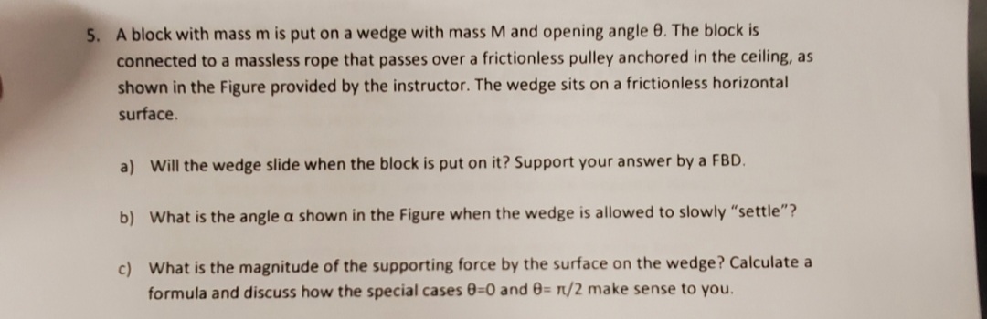 with mass M and opening angle 0. The block is connected to