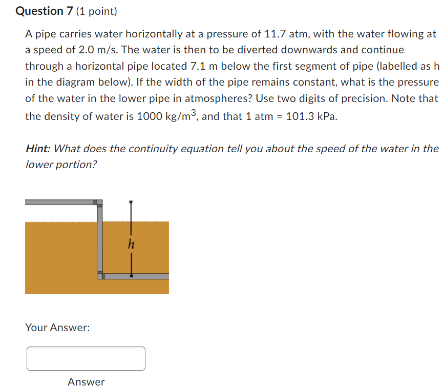 Please answer this physics question Question 7 (1 point) A pipe carries