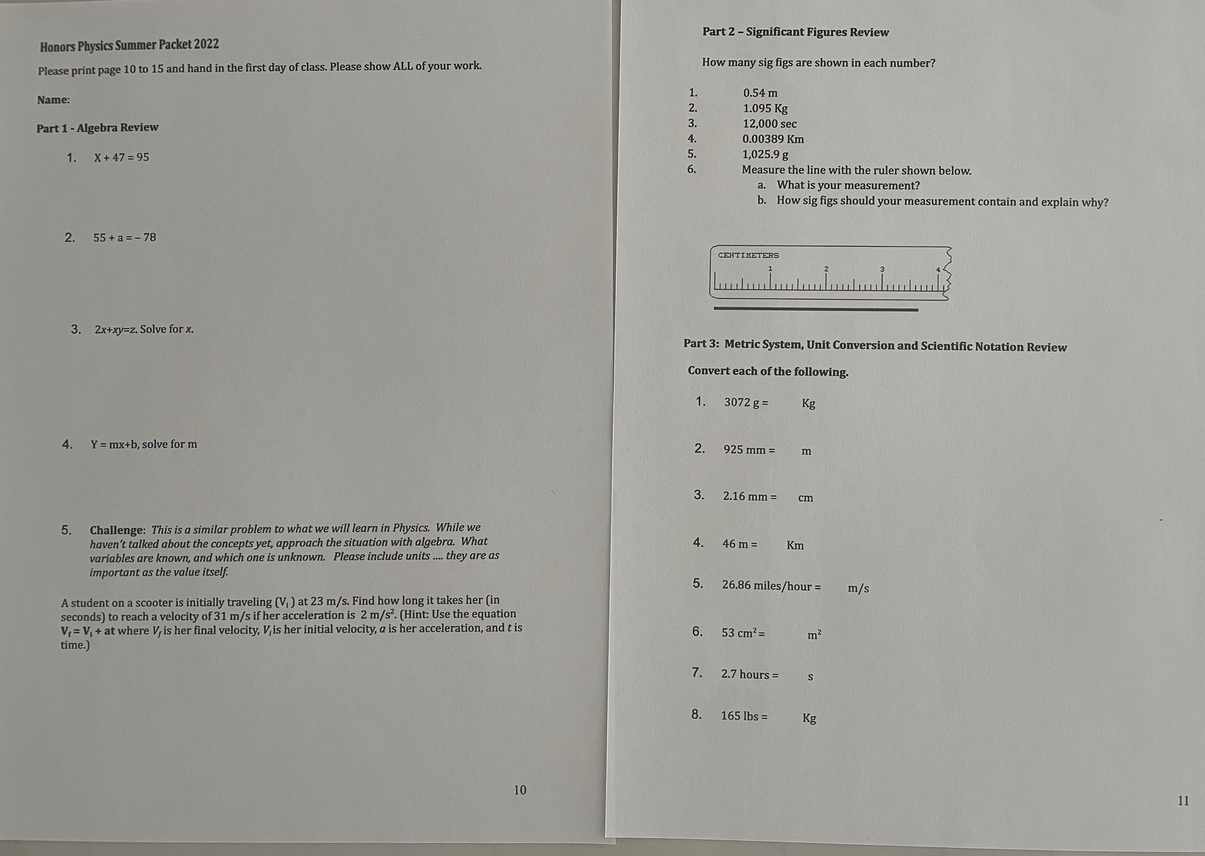  Part 2 - Significant Figures Review Honors Physics Summer Packet 2022