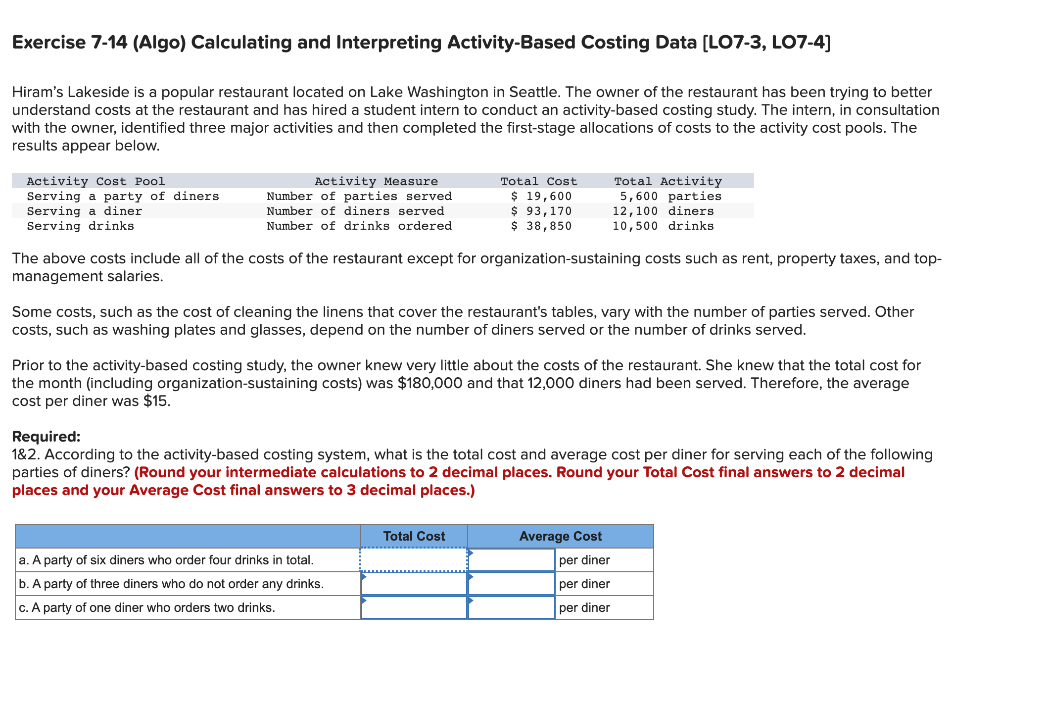 Exercise 7-14 (Algo) Calculating and Interpreting Activity-Based Costing Data [LO7-3, LO7-4]Hiram's Lakeside