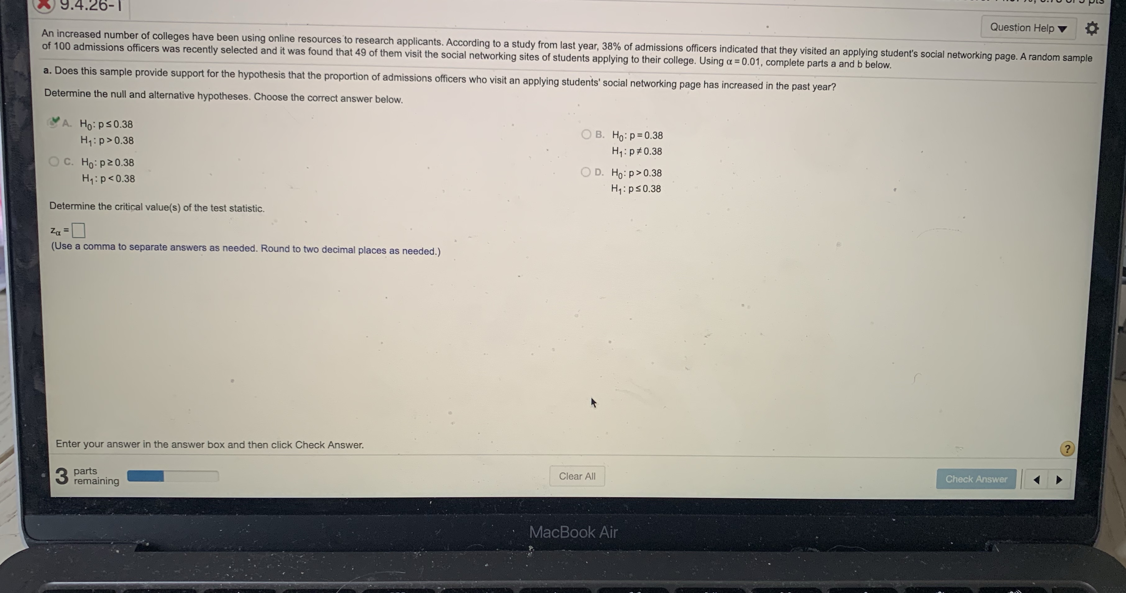 C. Calculate the test statistic zp = round to two decimal places