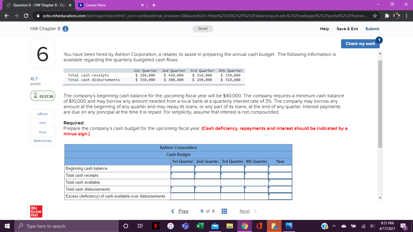  Question 6 - HW Chapter 8 - Cor X * Course