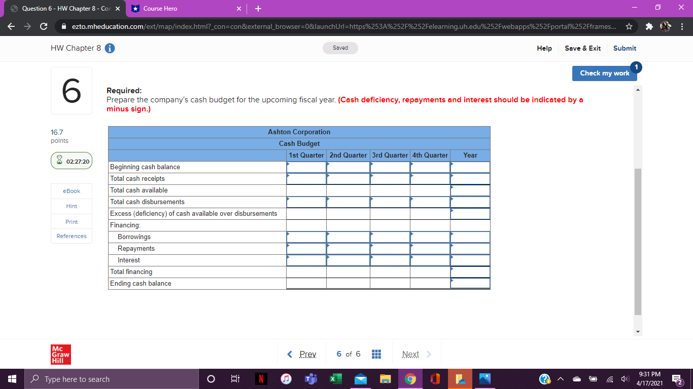 Hero X ezto.mheducation.com/ext/map/index.html?_con=con&external_browser=0&launchUrl=https%253A%252F%252Felearning.uh.edu%252Fwebapps%252Fportal%252Fframes... HW Chapter 8 Saved Help Save & Exit Submit