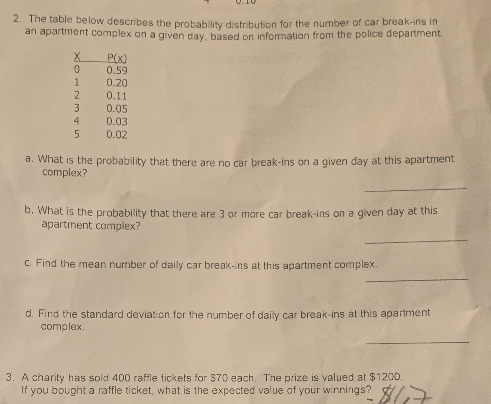  2. The table below describes the probability distribution for the number