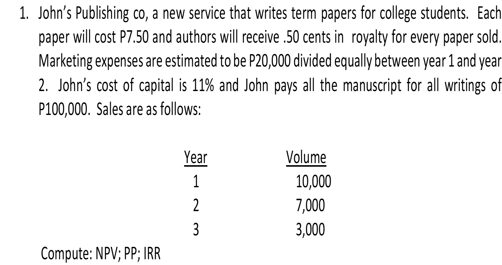 Answer the following problem and provide solution each. 1. Cummings Product