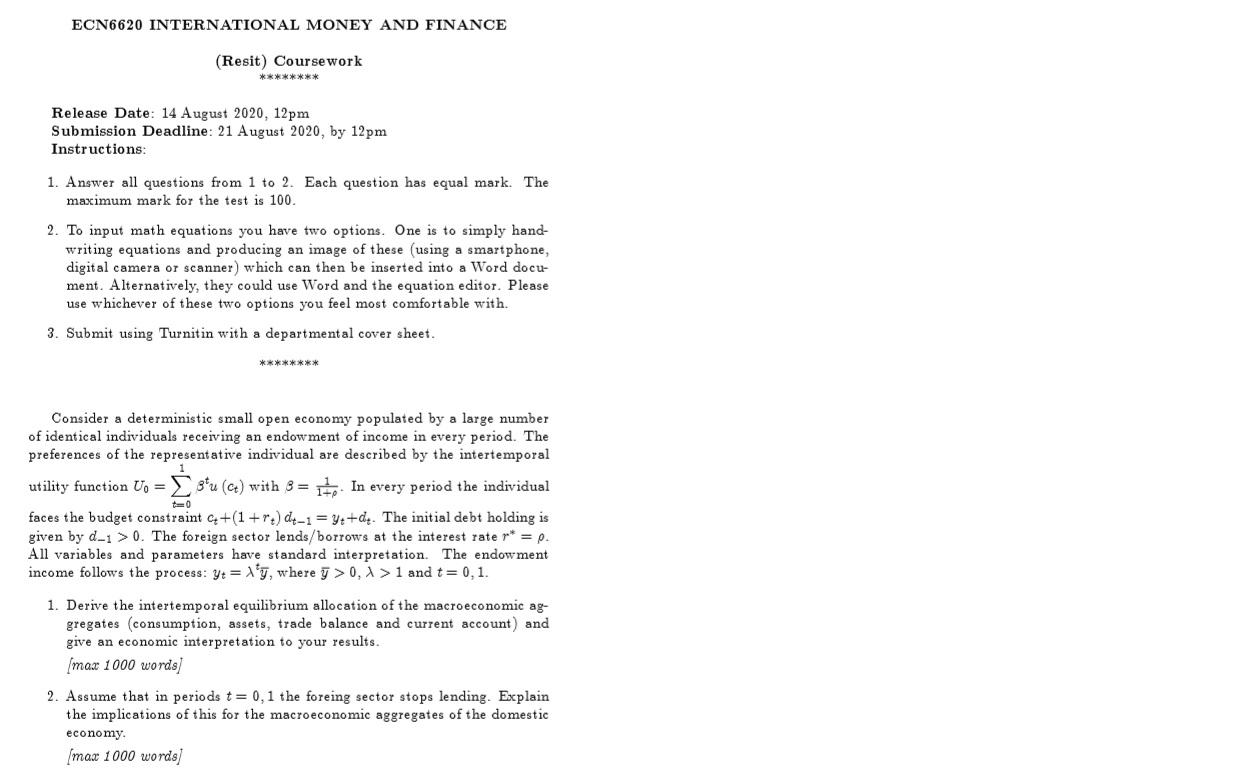 please help me on these questions 1. Derive the intertemporal equilibrium allocation