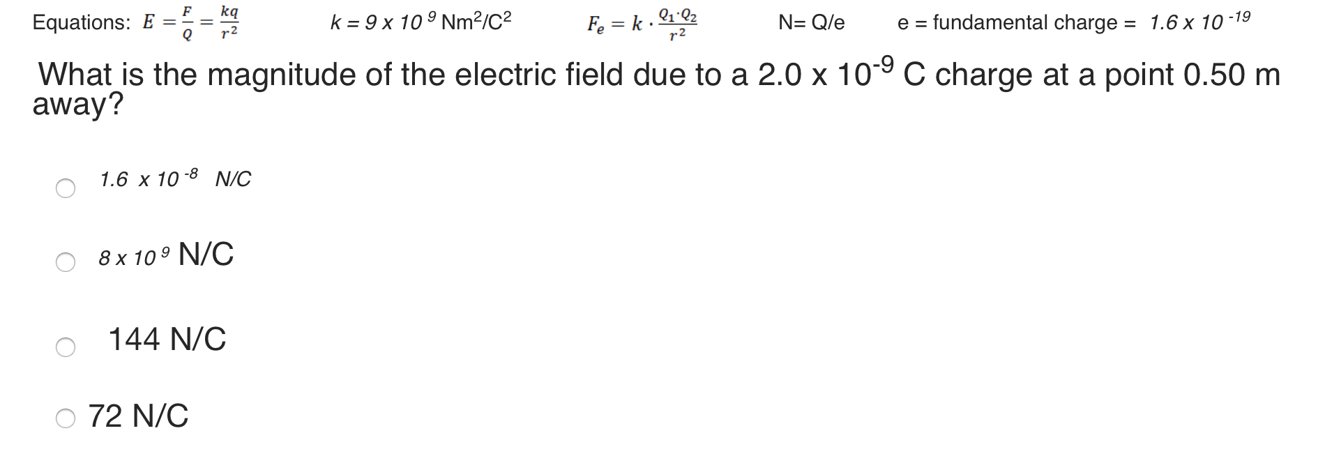 = 9 x 109 Nm2/C2 Fe = k . 21 Q2 7-2