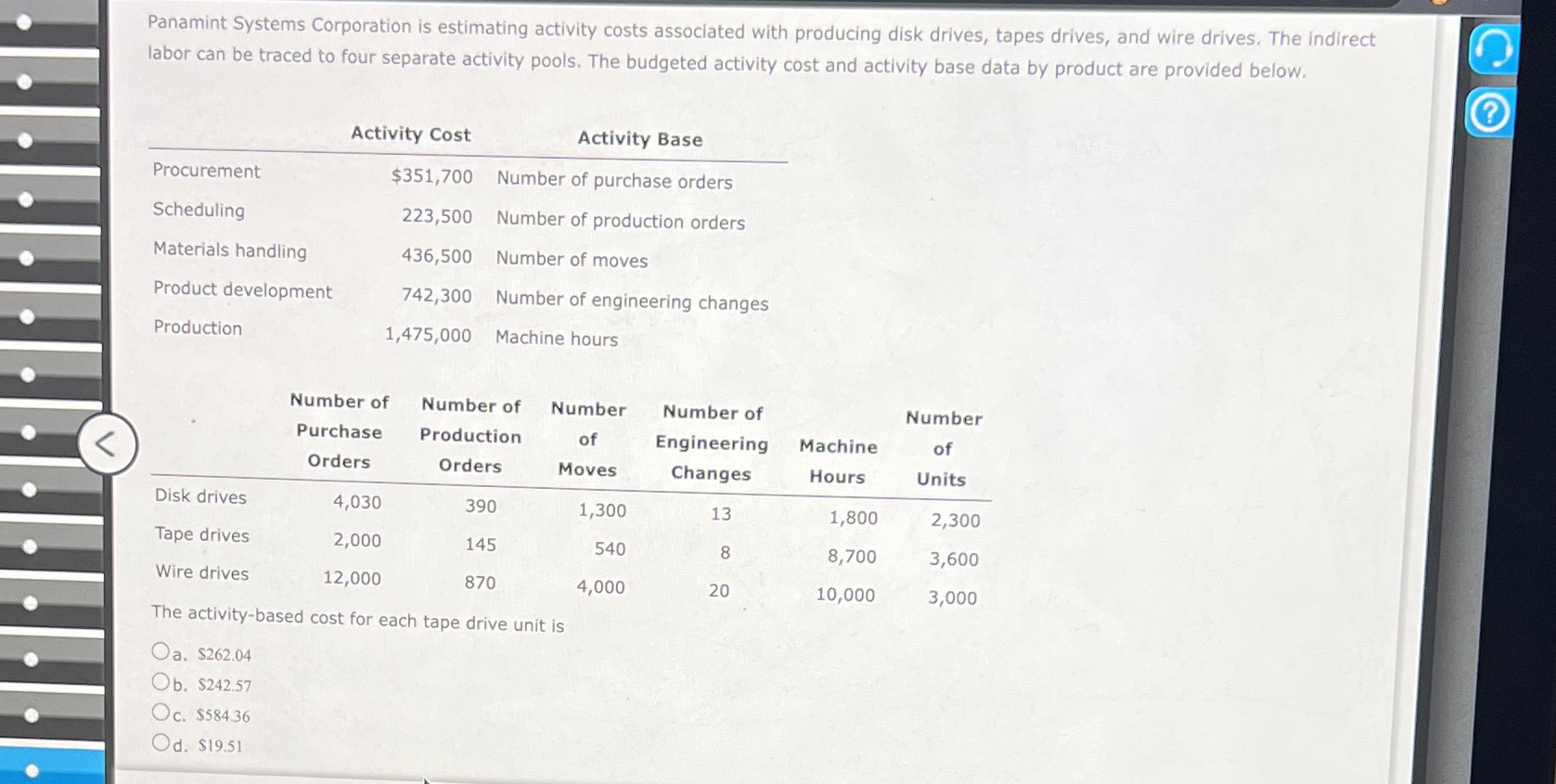  Panamint Systems Corporataon is estimating activity costs associated with producmg disk